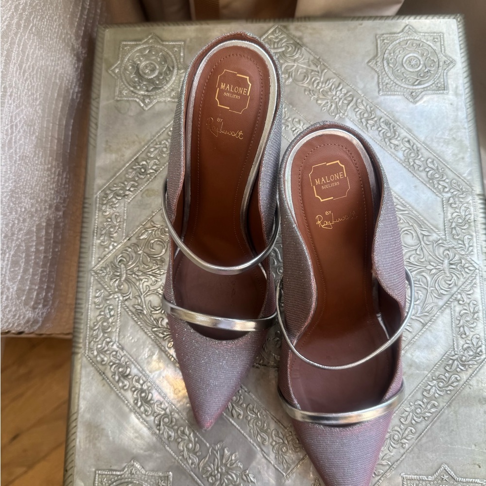 Malone Souliers Iridescent Pink Mules.